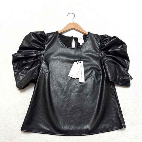 Cinq a Sept sz S Erin Short Sleeves Faux Leather Top Women's Black - Picture 4 of 8